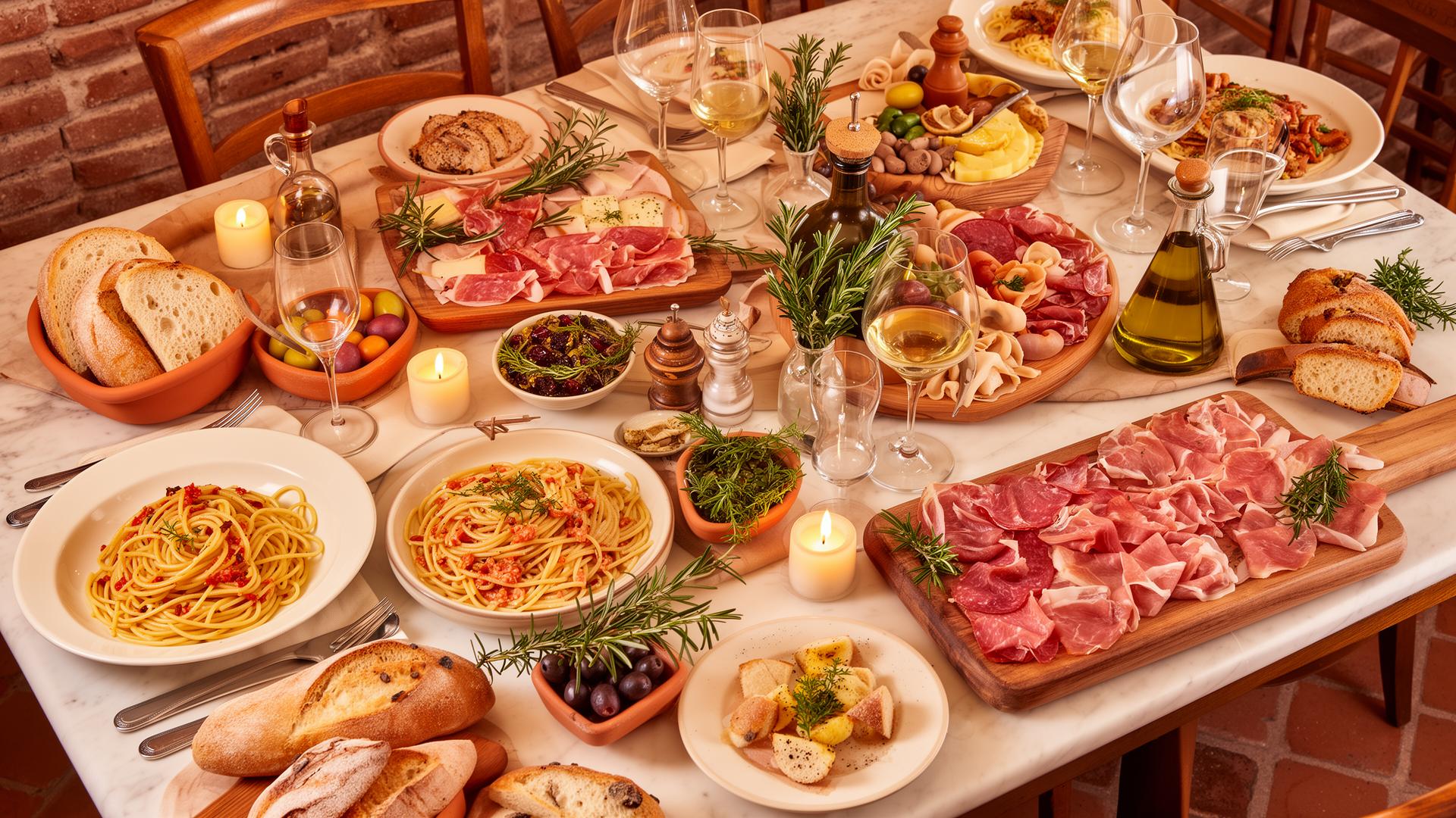 Italiensk catering buffé med pasta, antipasti och charkuterier